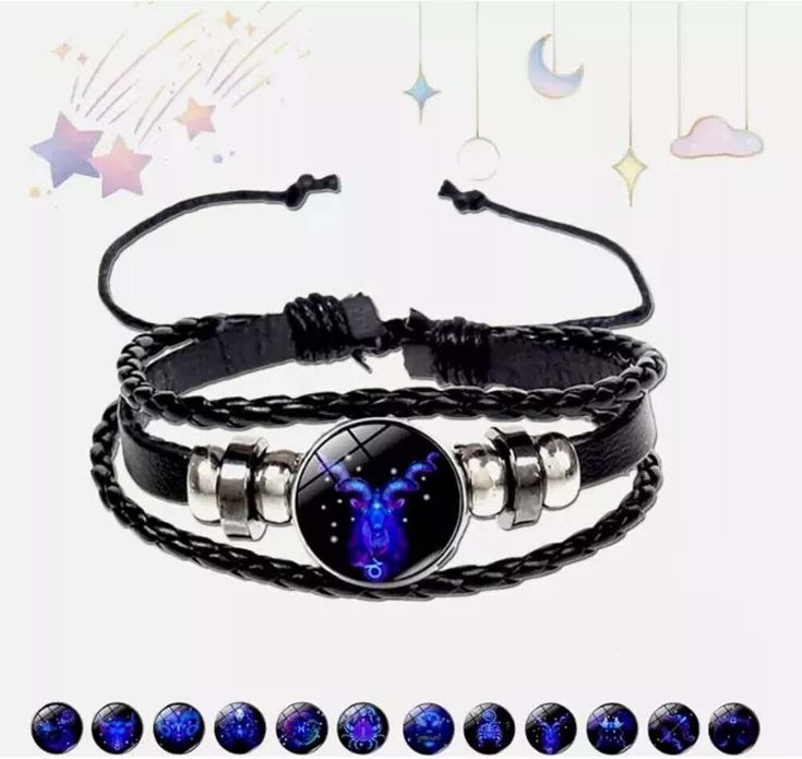 Zodiac Constellation Braided Design Black Leather Bracelet Adjustable