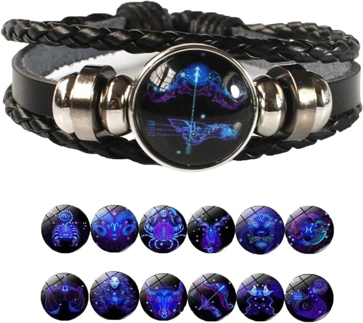 Zodiac Constellation Braided Design Black Leather Bracelet Adjustable
