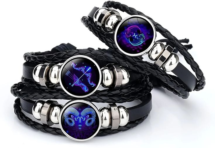 Zodiac Constellation Braided Design Black Leather Bracelet Adjustable